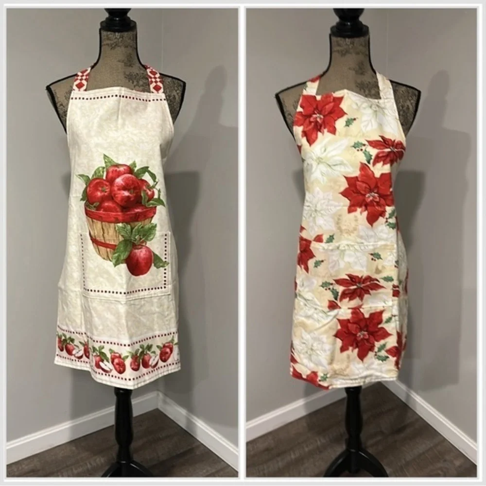 Handcrafted double sided Apron with Apples and Poinsettias with pockets
